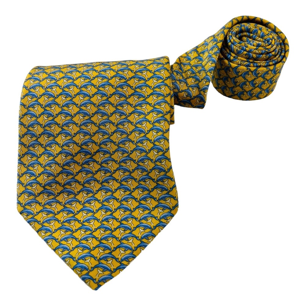 Brooks Brothers Yellow w/ Blue Dolphin Silk Neck Tie Mens Size 3.5"W 58"L